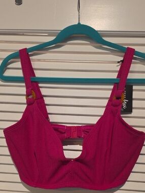 Bare Necessities Magenta Ribbed Underwire Bikini Top with Ring Accents